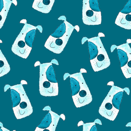 seamless pattern of watercolor blue dog portrait, hand painted illustration on blue backgroundの写真素材