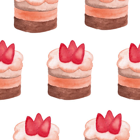 seamless pattern of cakes with strawberry, watercolor hand painted elements on white backgroundの写真素材