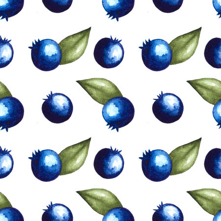seamless pattern of blueberries watercolor hand painted elements on white background