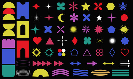 Abstract geometric shapes, minimalist brutalism forms, basic figures, stars, circles, ovals,...