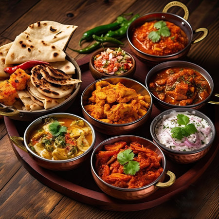 Variety traditional Indian dishes on the wooden table, selection of assorted spicy foodの素材