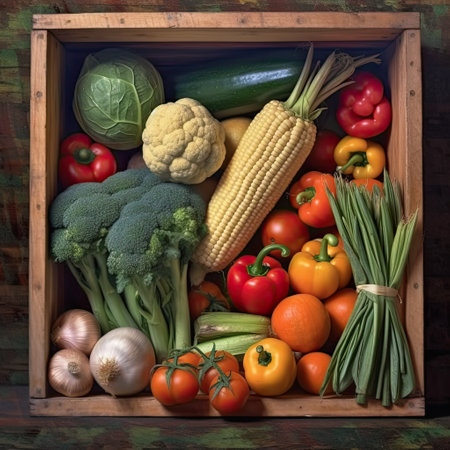 Wooden box with fresh vegetables. Harvest vegetables close-up on a wooden background. Tomatoes, peppers, cabbage, zucchini, onions, corn. The wealth of autumn.の素材