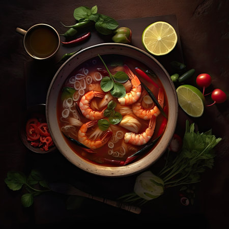 om Yam kung Spicy Thai soup with shrimp, seafood, coconut milk and chili pepper in bowl.の素材