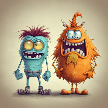 Illustration of two funny cute multi-colored monsters close-up on a plain background. Wallpaper template for Halloweenの素材