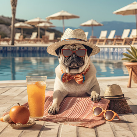 funny pug dog is on summer vacation at seaside resort and relaxing rest on summer beachの素材