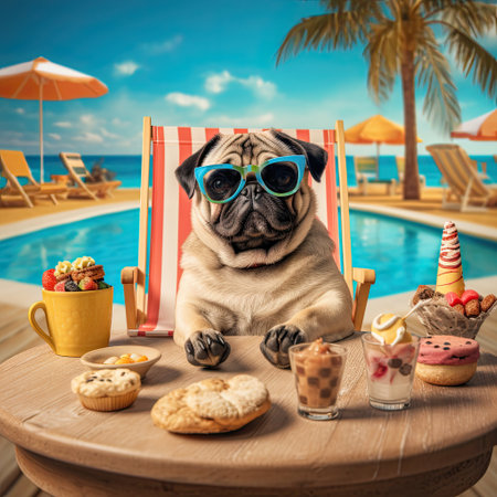 funny pug dog is on summer vacation at seaside resort and relaxing rest on summer beachの素材