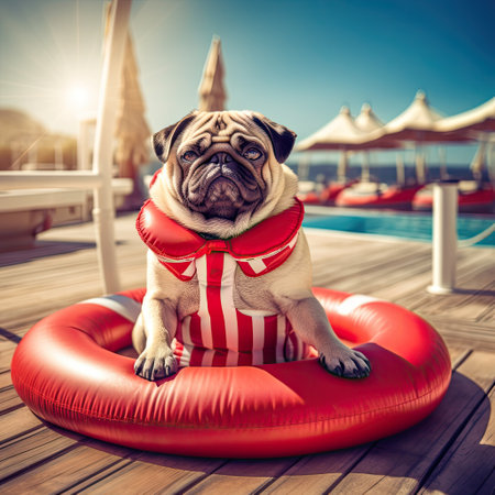 funny pug in a swimming circle on summer holidays at a seaside resort and a relaxing vacation on a summer beachの素材