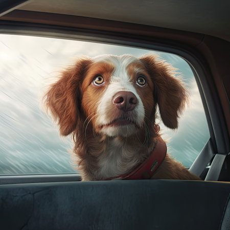 spaniel dog close-up looks out the window on the back seat in the car when it is taken away.の素材