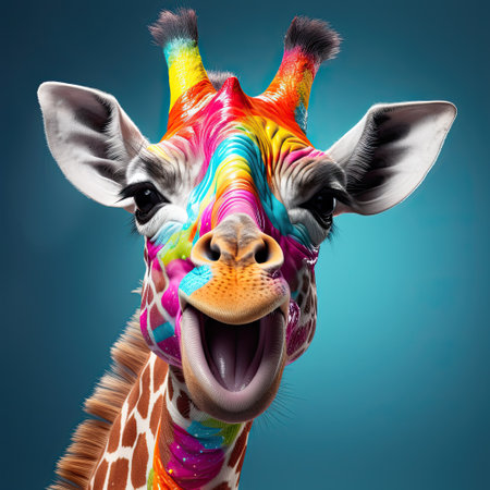 Dripping picture, colorful, bright, in rainbow colors funny Giraffe Close-up with a rainbow photon, illustrationの素材