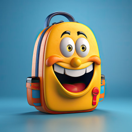 funny cartoon children's yellow school backpack with a cheerful face close-up. Back to school concept.の素材