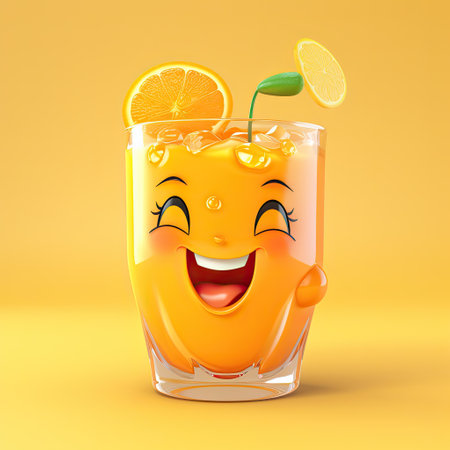 cartoon glass with orange juice with a straw and an orange slice close-up with a cheerful friendly face on an orange background. Snack, healthy food, vitamin C,の素材