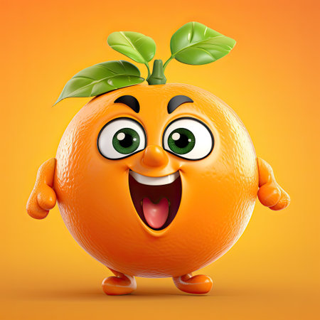 cartoon juicy tasty orange with funny face close up on orange background. The concept of kids food, vitamin C, health benefits, healthy eating,の素材