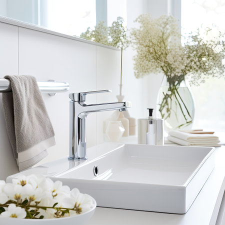 Faucet and sink in a white modern bathroom, close upの素材