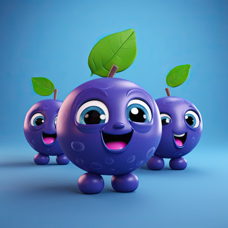 blueberry cartoon character on blue background, 3d illustrationの素材