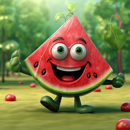 cartoon character Watermelon on green natural background, 3d illustrationの素材