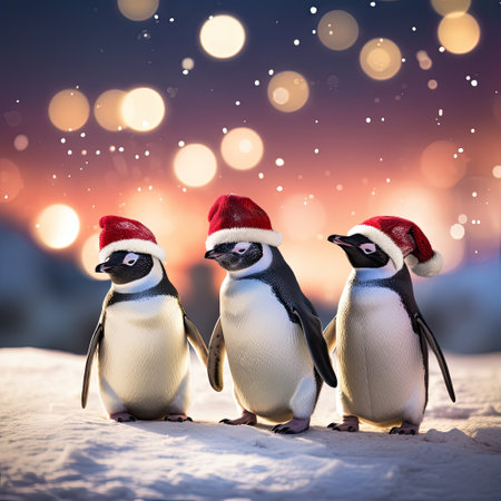 group of penguins at the north pole wearing funny red santa claus hats. Postcard for christmas or new yearの素材
