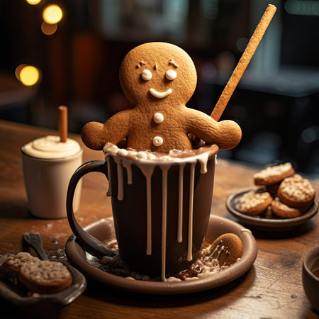 cute gingerbread man on the christmas table next to a cup of hot chocolate or cocoaの素材
