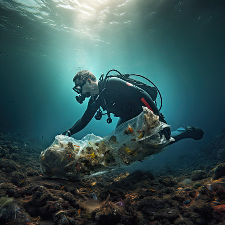 The problem of environmental pollution. A scuba diver collects garbage, plastic from the bottom of the sea or oceanの素材