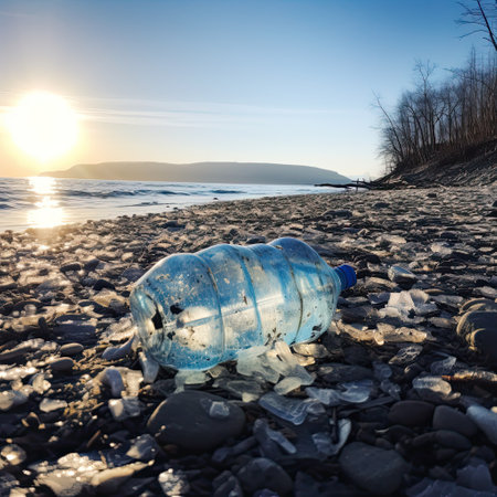 The problem of environmental pollution. ecological problem. Garbage, plastic bottles on the shore of the reservoir or the sea,の素材