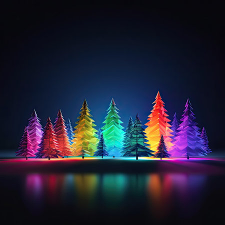 glowing multicolor christmas trees close up on dark background and The Northern Lightsの素材