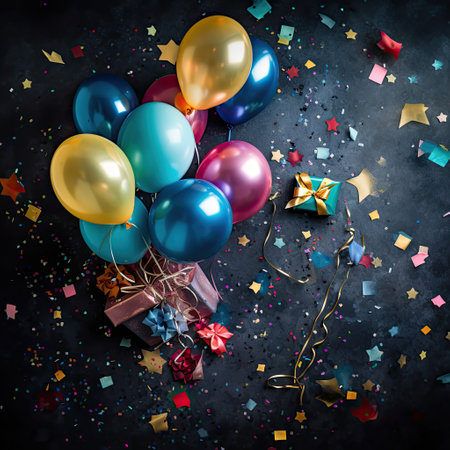 Birthday greeting card template with colorful balloons and confetti, gifts and confetti on dark background.の素材