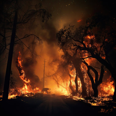 Raging forest fires. ecological catastrophy. fire and smoke. hell on earth.の素材