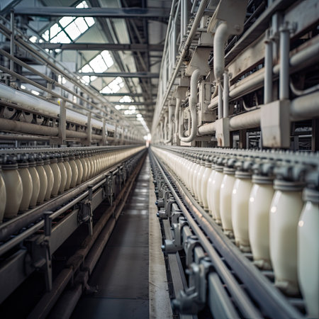 Crossing of the roller conveyor with a milk bottle, Production line conveyor roller transportation objects.の素材