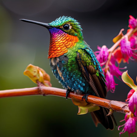 hummingbird bird sitting on a tree branch close-up, flowers, colorful backgroundの素材
