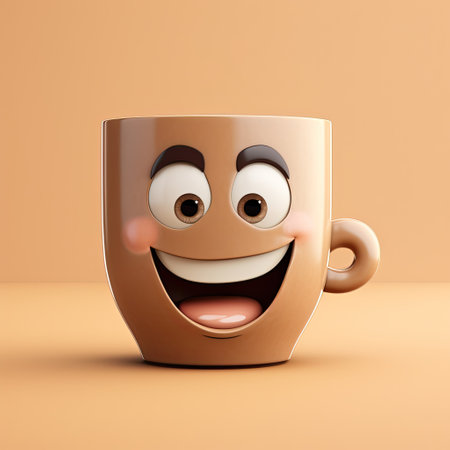 cartoon cup of coffee, cappuccino or tea close-up with a cheerful friendly face on a light background. Morning energy, breakfast, energy, snack.の素材