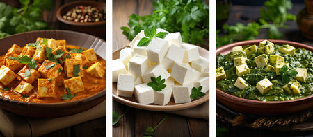 collage with traditional national Indian food Paneer cheese, palak paneer, paneer curry on the tableの素材