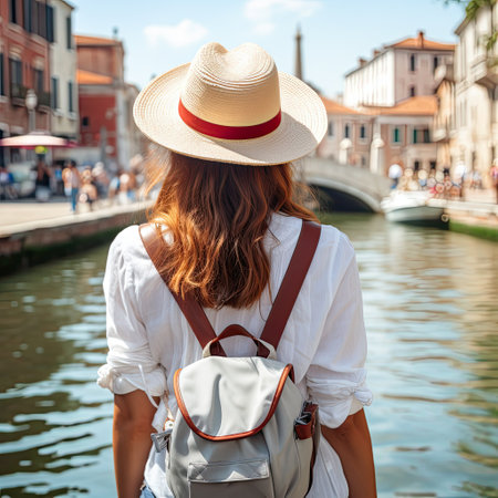 tourist girl with red curly hair in a hat, dressed in a light shirt and sneakers. A backpack on the shoulders travels around Europe.の素材