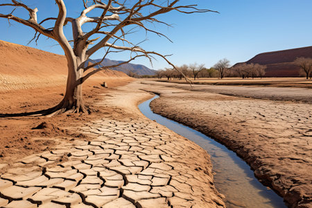 The bed of a river, lake, or reservoir is dry, with low water levels and dried out trees due to lack of precipitation, drought.の素材