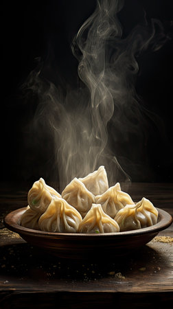 Traditional Georgian Khinkali dumplings on a plate, vertical orientation.の素材