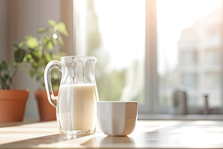 Fresh milk in a glass decanter with white cups stands on the table against the backdrop of a light kitchen.の素材