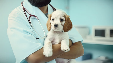 a veterinarian in a veterinary clinic in light blue medical clothing and medical gloves holds a cocker spaniel puppy in his arms. Focus on cocker spaniel puppyの素材