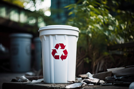 white plastic trash bin with a recycling symbol on the street, with trash scattered around it. Garbage sorting, waste collection.の素材