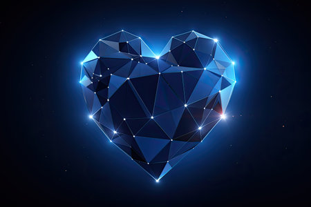 Geometric polygonal model of a heart consisting of lines, angles and dots on a dark background.の素材