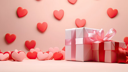 Gift boxes with red ribbons on a delicate pink background with hearts. Greeting card, romance and gifts concept for Valentine's Day.の素材