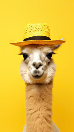 ertical studio image of a funny llama or alpaca wearing a hat on a yellow background. Space for text.の素材