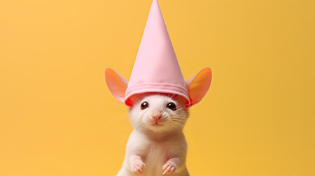Funny white mouse in a pink hat and party cone on an orange background, with space for text and congratulations. Banner. Creative animal conceptの素材