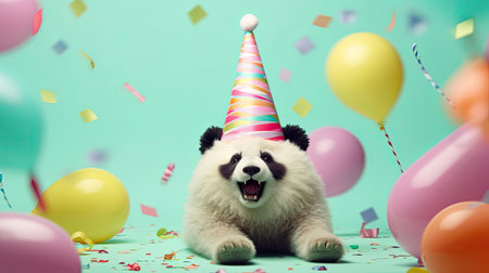 Funny little panda in a party hat and a lot of confetti and balloons on a pastel light background. Creative animals conceptの素材