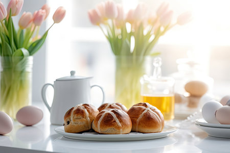 Traditional Easter hot cross buns with fresh spring tulip flowers in a bright modern kitchenの素材