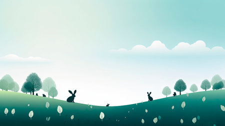 Easter pattern with bunnies and Easter eggs. Drawn Easter horizontal background with bunnies, flowers, grass, Easter eggs in green colorsの素材