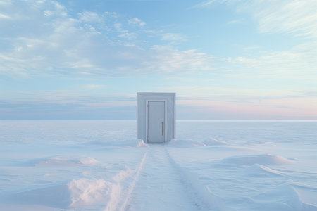 Open doors, a portal to another world among the snowy landscape of the North Pole. Fantastic concept of possibilities, new ideas and start-up.の素材