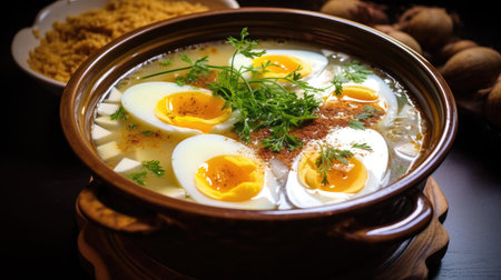 Polish traditional Easter soup Zurek with half boiled eggs in a ceramic plate. Served with dill, onion or parsleyの素材