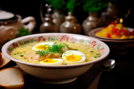 Polish Zurek soup with half boiled eggs in a ceramic plate. Traditional Easter Polish dish.の素材