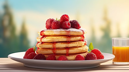 Food and drinks, still life, healthy eating concept. A stack of homemade pancakes for breakfast with raspberries and sweet syrupの素材