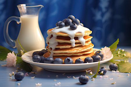 Delicious pancakes with blueberries and sour cream or whipped cream. Sweet pancakes with fresh berries with a carafe of milk. Kitchen table decorated with fresh flowers.の素材