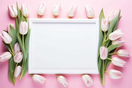 White frame for your text or wishes surrounded by delicate fresh spring tulips on a pink background. greeting cardの素材