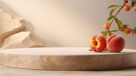 Stone podium, beige tablettop with delicious juicy peaches. stage layout for product demonstration, beauty cosmeticsの素材